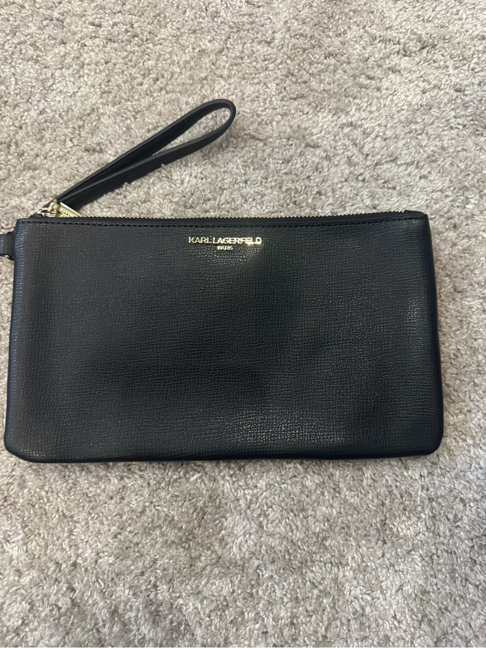 Karl Lagerfeld Black Leather Wristlet Clutch with Gold Logo